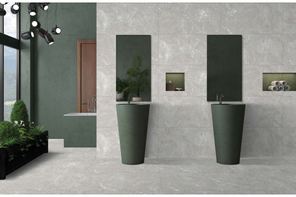 Две зелёные раковины с зеркалами в серой ванной