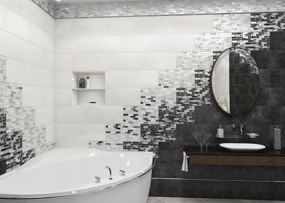 Ванная комната с современным дизайном Ванная комната с современным дизайном и  плиткой, сочетающей белые и черные оттенки.