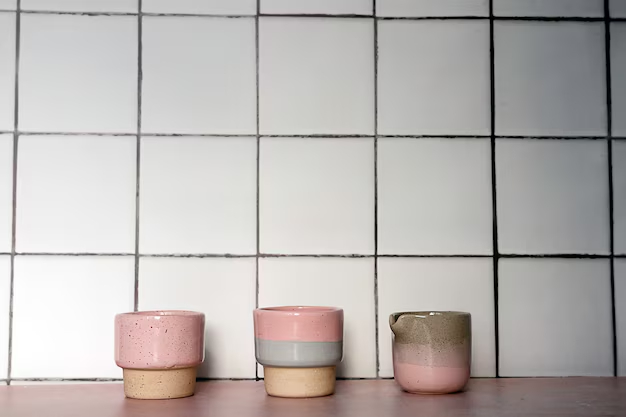 Две керамических кружки и молочник, стоящих на деревянной поверхности . Две керамических кружки и  молочник, стоящих на столе, на фоне - белая плитка с черными швами.