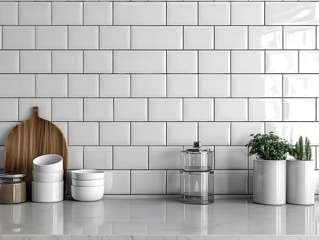 Кухня с белой плиткой на стенах и черной затиркой. На столе стоят посуда и цветы Кухонный интерьер с белой плиткой на стенах и черной затиркой.