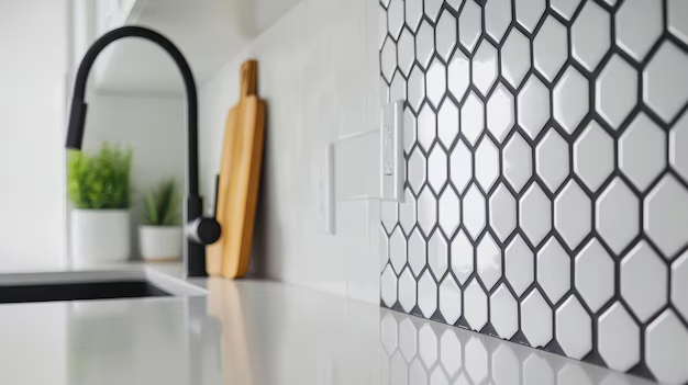 Современная кухня с раковиной, деревянной доской и плиткой в форме сот. Кухня с раковиной, доской, растениями и плиткой в форме сот.