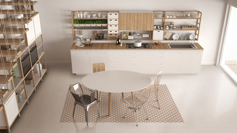 Минималистичная кухня с белым гарнитуром и деревянными элементами. Кухня с белым гарнитуром, деревянными элементами и круглым столом.