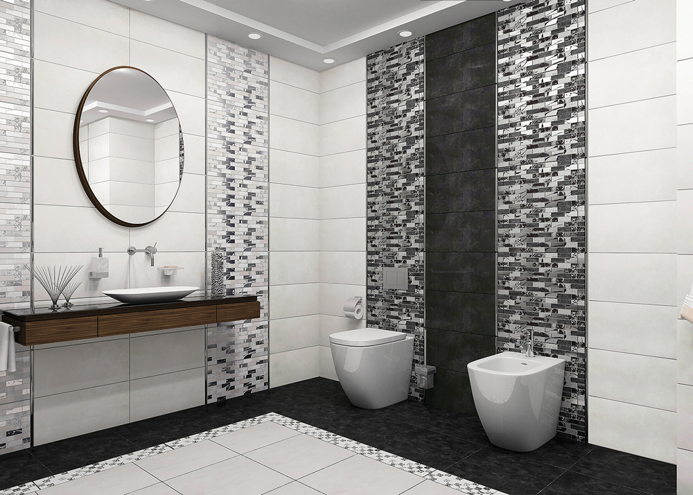 Современная ванная комната с минималистичным дизайном. Ванная комната с минималистичным дизайном и плиткой, сочетающей белые и черные оттенки.