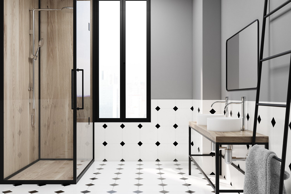 Высококачественная керамическая плитка с оригинальным геометрическим рисунком Современная ванная комната с деревянной отделкой и раковиной.