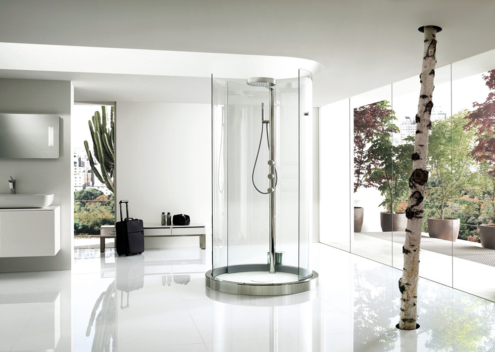 Интерьер ванной комнаты с душевой кабиной, раковиной и березой в горшке.