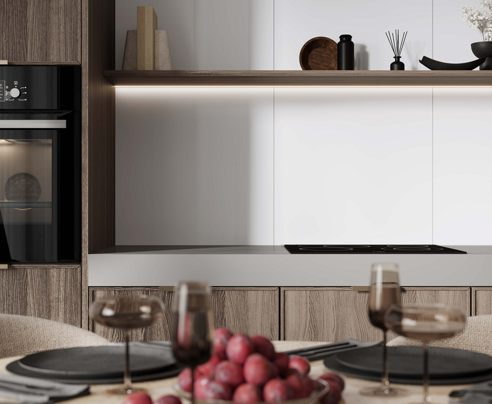 Современная кухня с минималистичным дизайном. Современная кухня с минималистичным дизайном. На столе виноград и посуда.