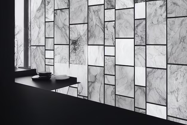 Мраморная плитка в черно-белых тонах на стене кухни с черной рамкой. Стена с мраморной плиткой в черно-белых тонах, разделенная на квадраты черной рамкой.